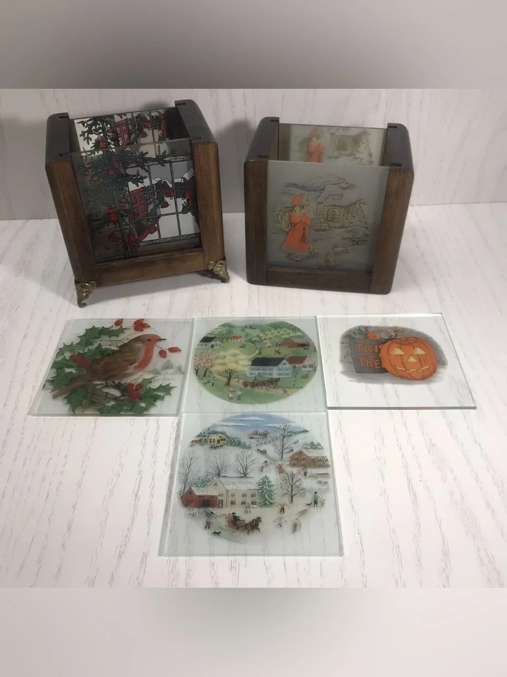 vtg wooden christmas/halloween candle holder with 6 glass pic inserts Hand Made